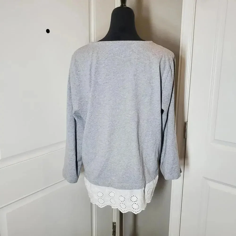J. by J.CREW Women's Eyelet Lace Hem Gray and White Long Sleeve Top Size XL